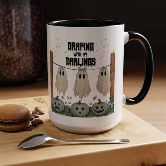 Draping With My Darlings Halloween Coffee Mug 11oz & 15oz Cute Ghost Spooky Fall Drinkware Gift