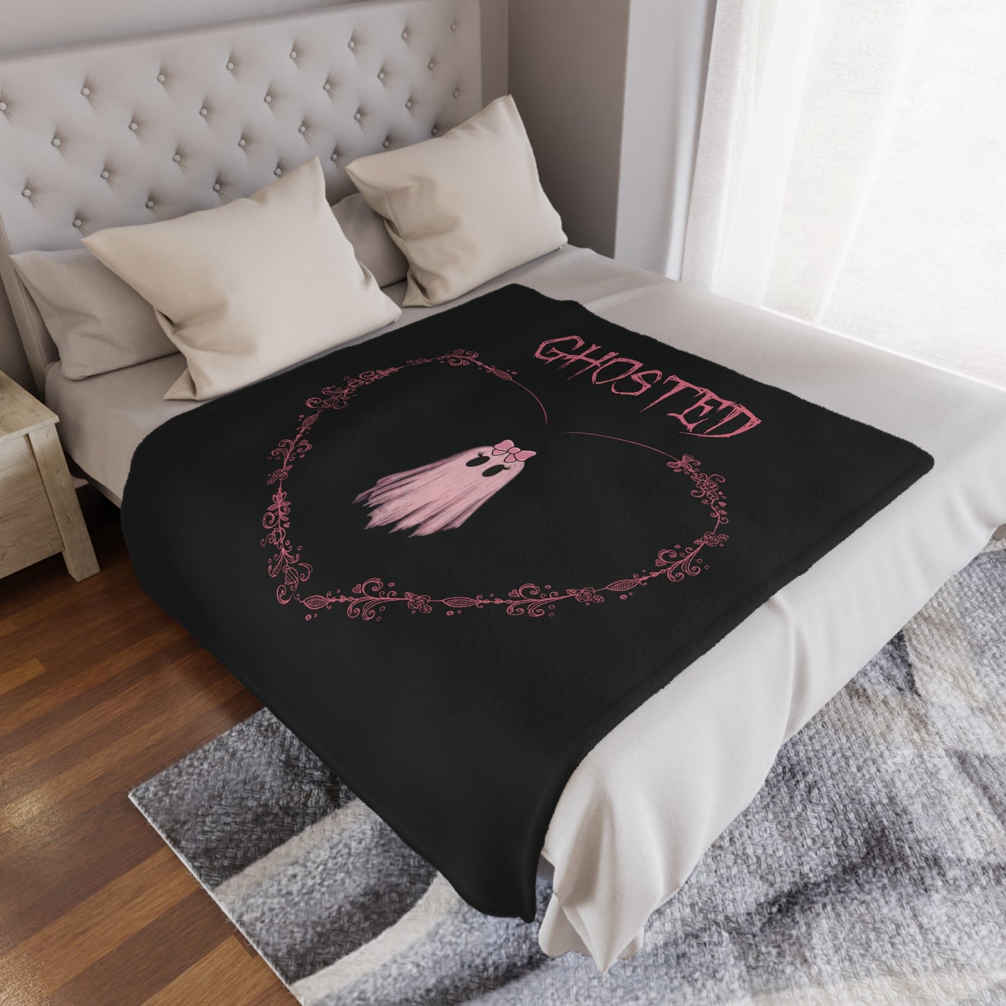 Pink “Ghosted” Minky Blanket 50×60 — Plush Throw for Halloween & Cute Ghost Décor