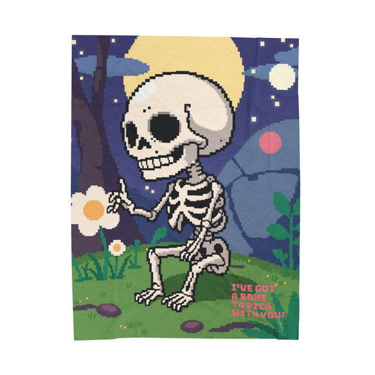 “I’ve Got a Bone to Pick With You” Skeleton Pixel Art Plush Blanket – Cute Cozy Throw for Halloween, Gamers & Fun Home Décor
