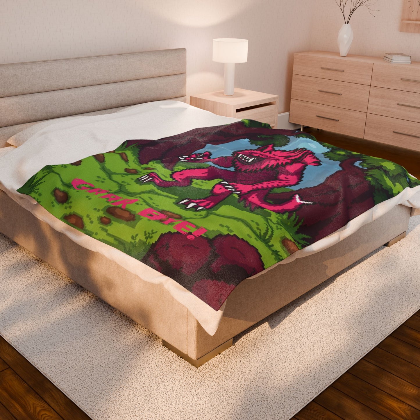 “Grrr-Bye!” Pink Werewolf Velveteen Plush Blanket – Cute Horror Cozy Throw for Spooky Season, Self-Care & Fun Home Décor