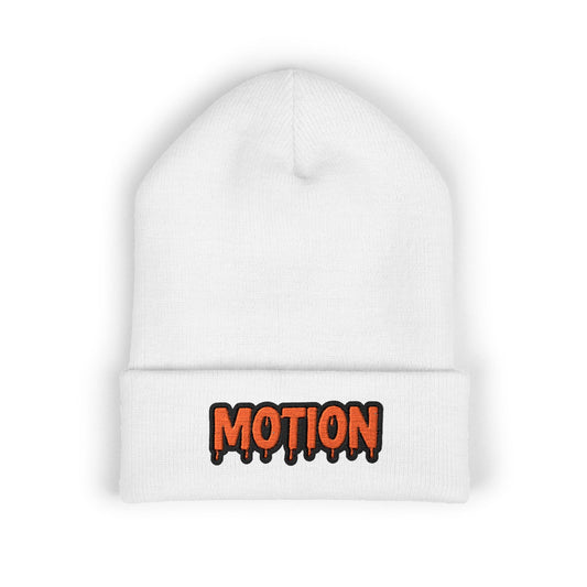 Motion Embroidered Cuffed Beanie — Retro Drip Logo Knit Hat