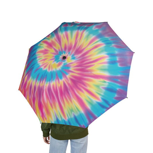 Vibrant Tie-Dye Semi-Automatic Umbrella, Foldable Rain Gear, Beach Accessory, Festival Essential, Unique Gift Idea