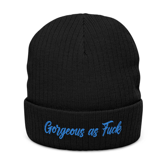 Embroidered 'Gorgeous as F***' Ribbed Beanie — Bold Statement Knit Hat