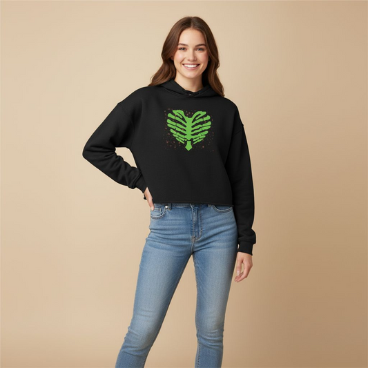 Green Skeleton Heart Cropped Hoodie — Eco-Friendly Women’s Streetwear Sweatshirt for Spring