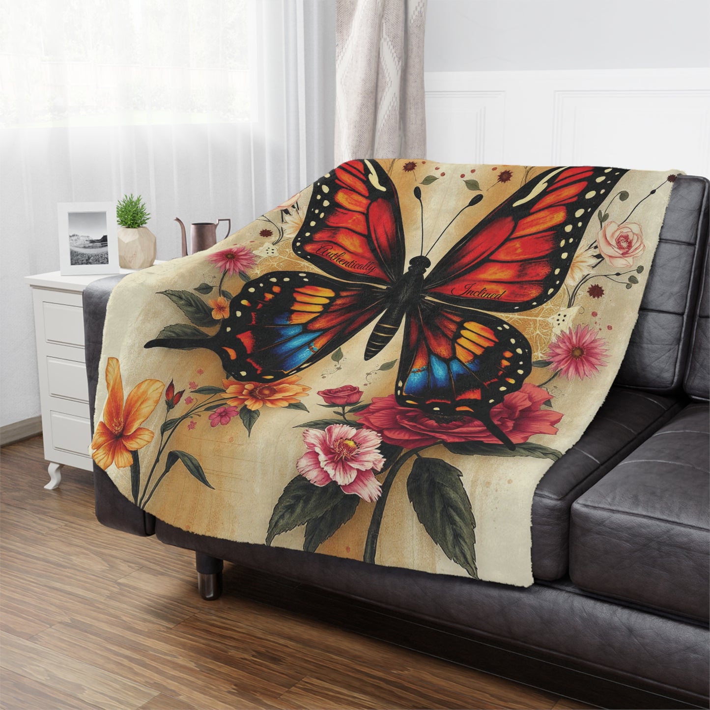 Authentically Inclined Minky Blanket, 50x60 inches on couch — soft plush throw for living room décor by The Inner Horizon Collective