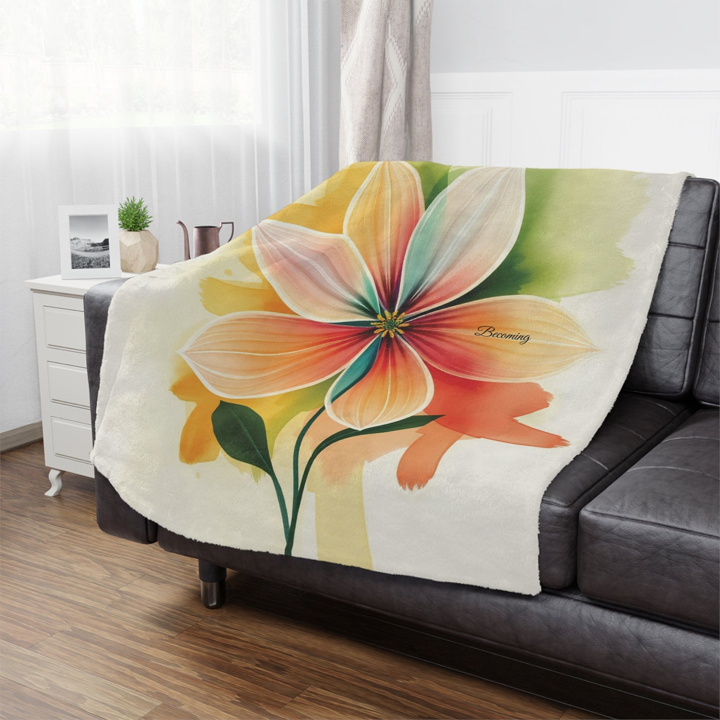 Becoming Floral Minky Blanket, 50x60 inches on couch — soft plush throw for living room décor by The Inner Horizon Collective