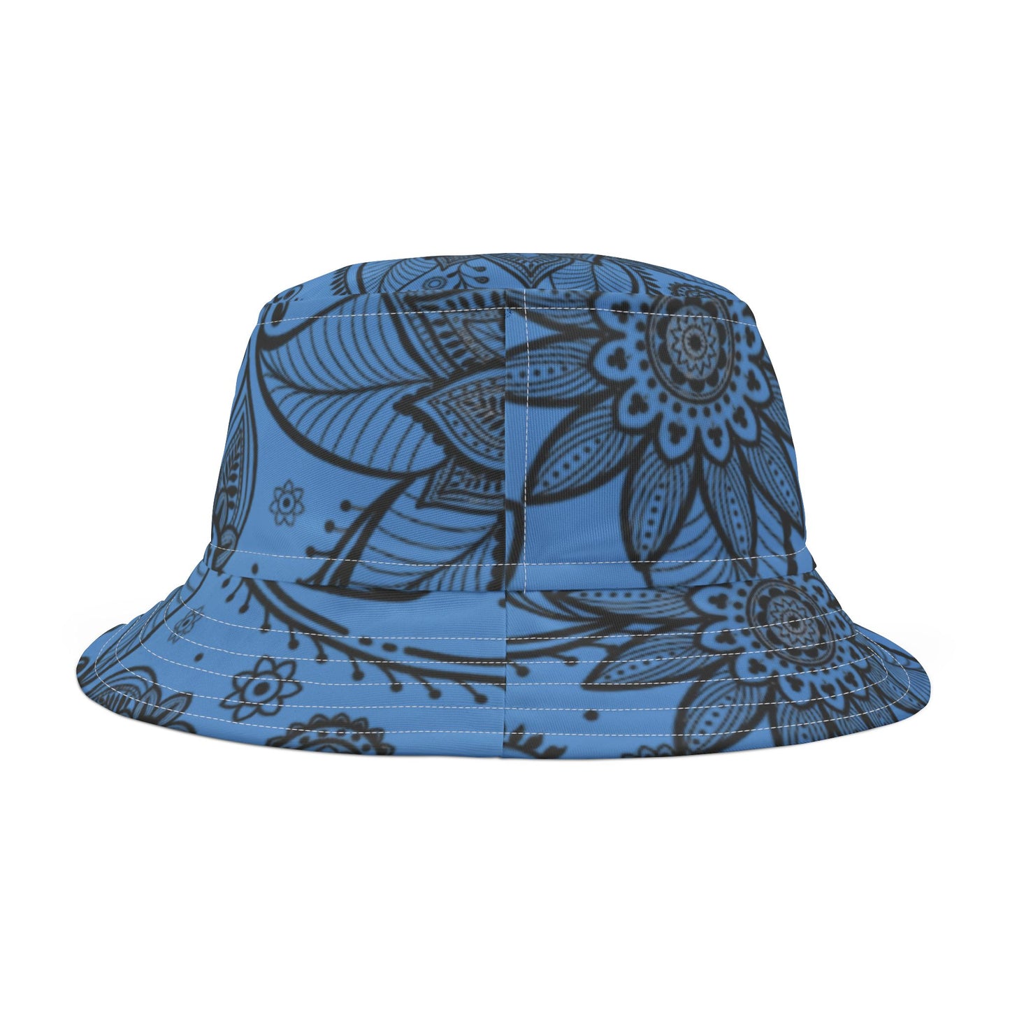 Back of Blue Floral Bucket Hat — full floral pattern across rear view and adjustable fit
