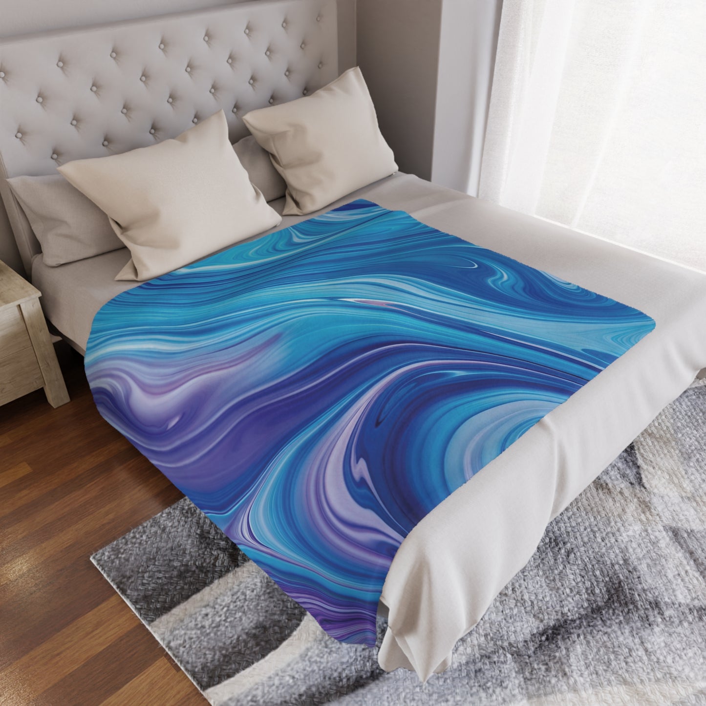 Blue/Purple Marble Minky Blanket, 50x60 inches laid on bed — soft plush décor by The Inner Horizon Collective