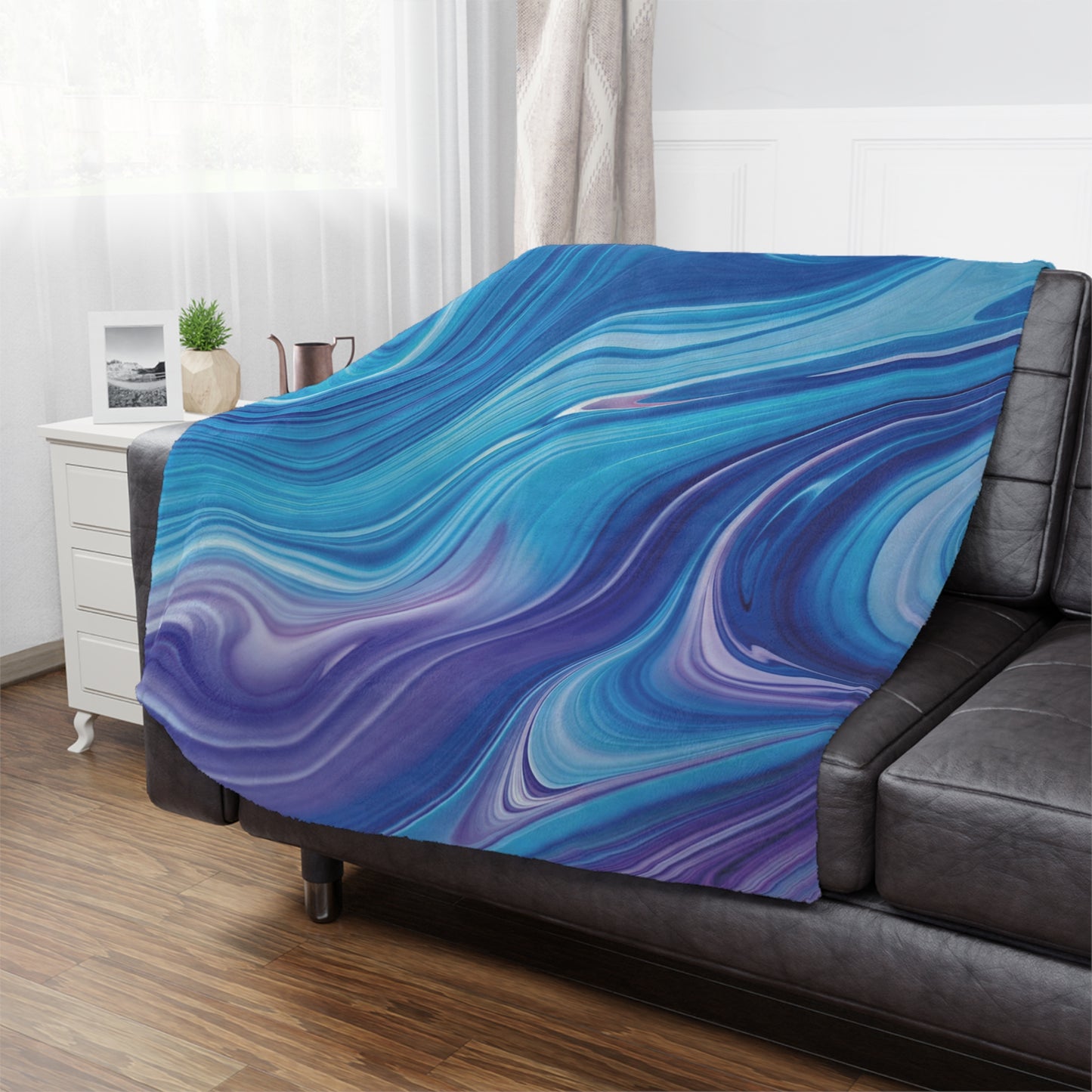 Blue/Purple Marble Minky Blanket, 50x60 inches on couch — soft plush throw for living room décor by The Inner Horizon Collective