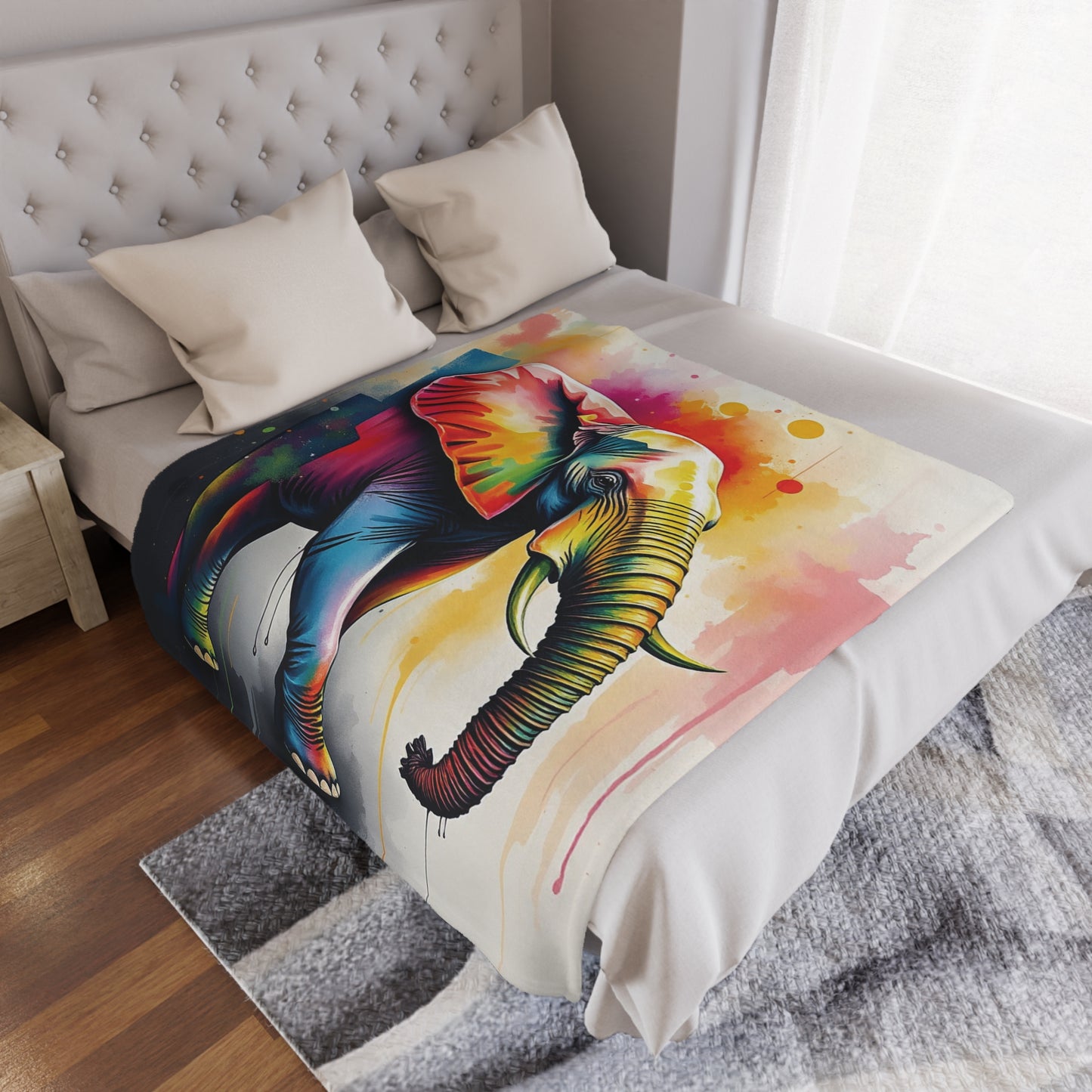 Colorful Elephant Minky Blanket, 50x60 inches laid on bed — soft plush décor by The Inner Horizon Collective