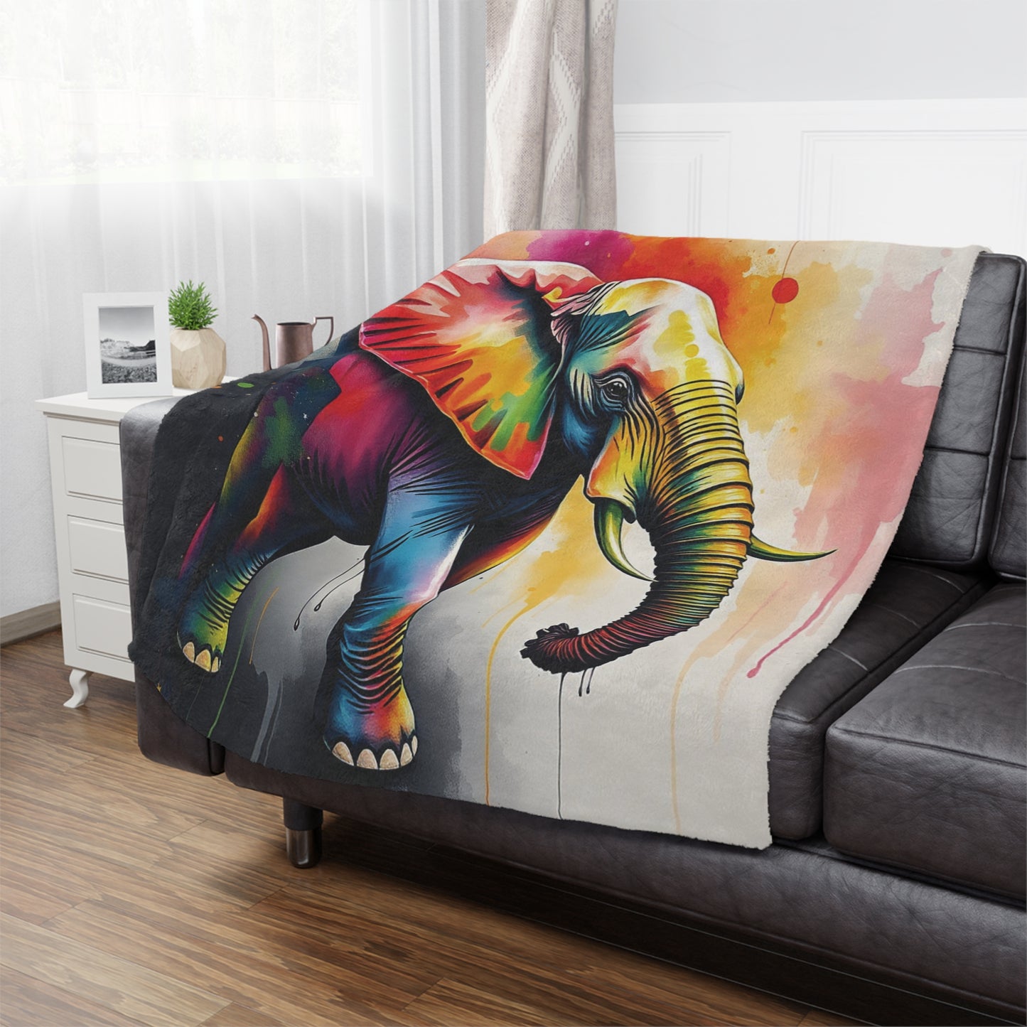 Colorful Elephant Minky Blanket, 50x60 inches on couch — soft plush throw for living room décor by The Inner Horizon Collective