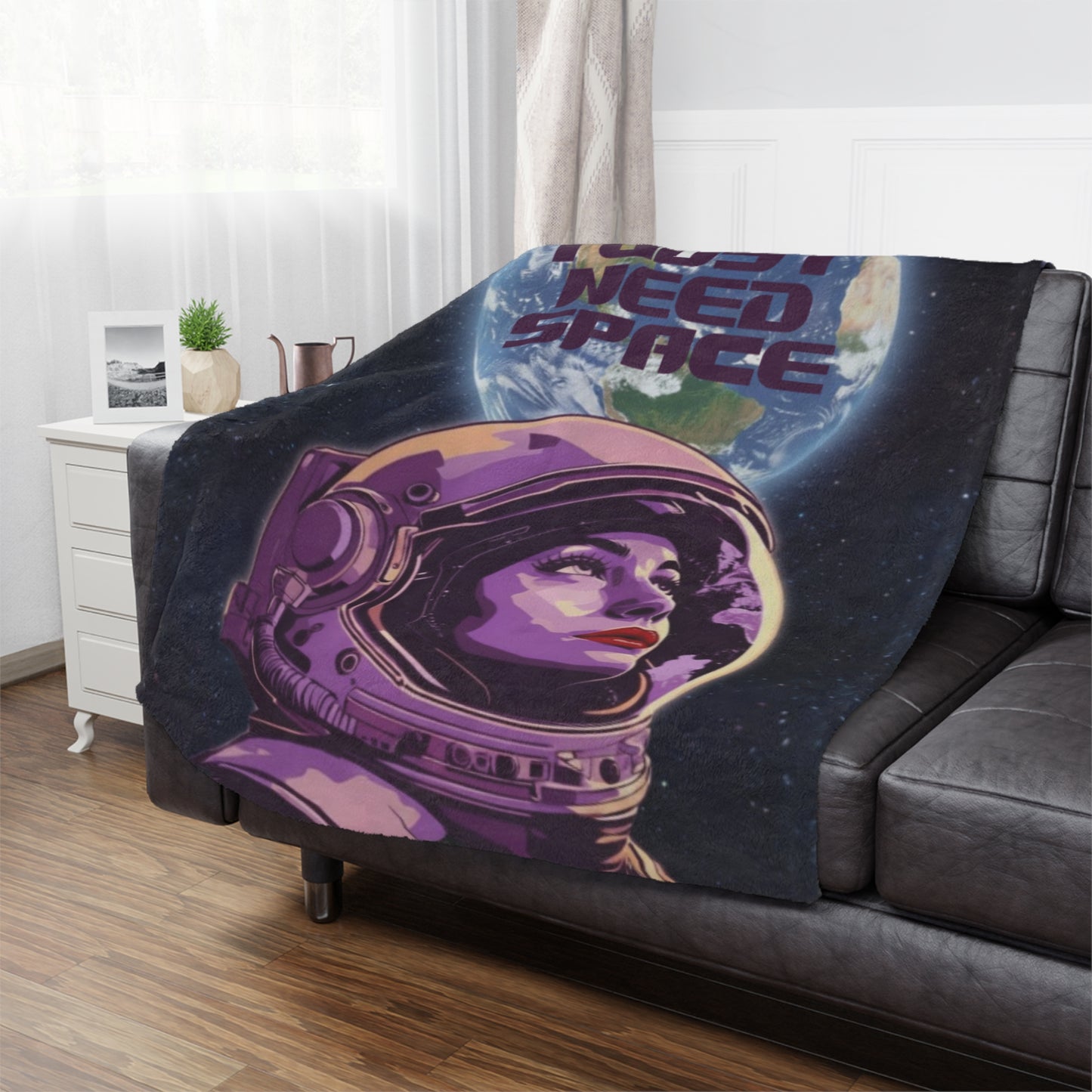 Cosmic Minky Blanket – "I Just Need Space" Design, 50x60 inches on couch — soft plush throw for living room décor by The Inner Horizon Collective
