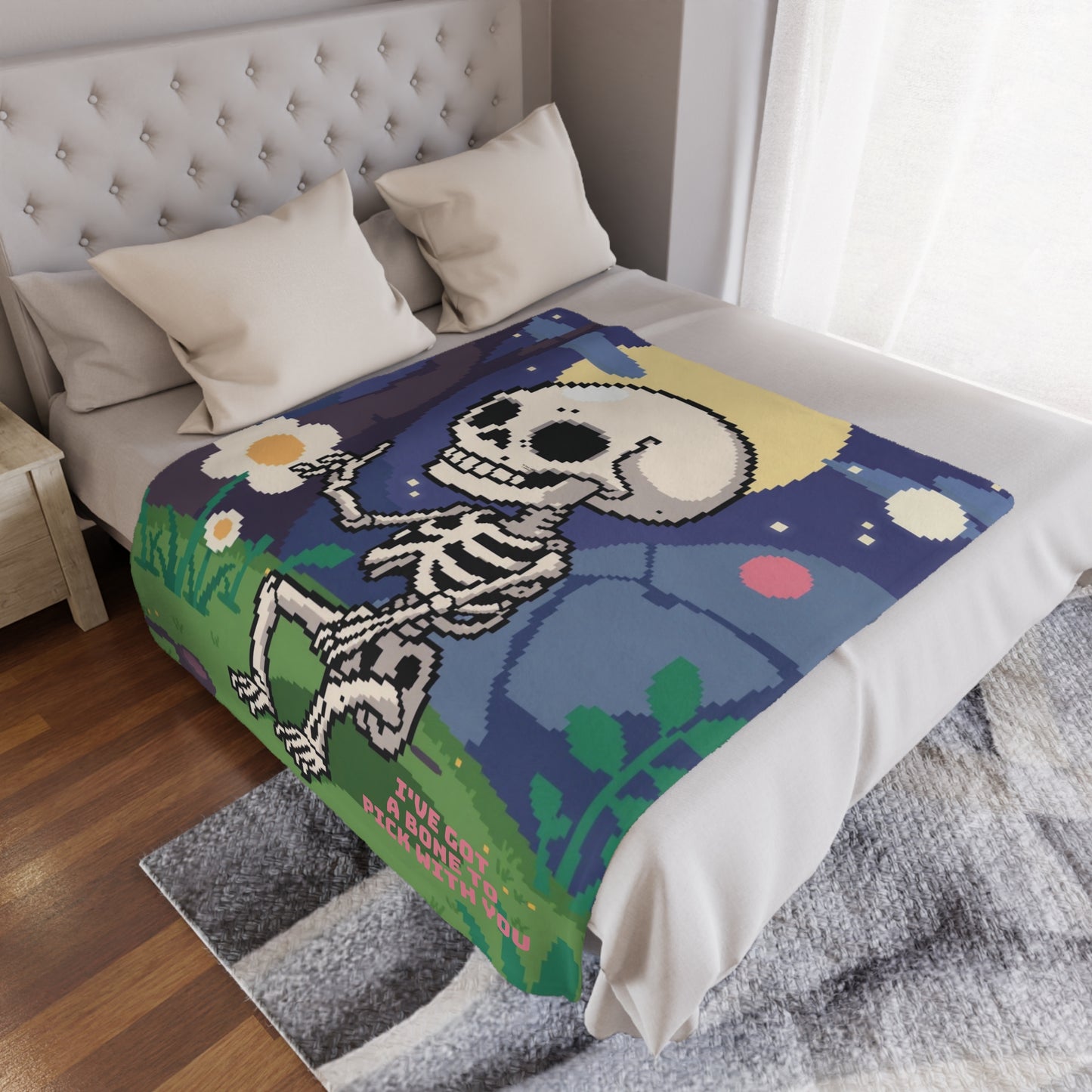 Cozy Skeleton Minky Blanket, 50x60 inches laid on bed — soft plush Halloween décor by The Inner Horizon Collective
