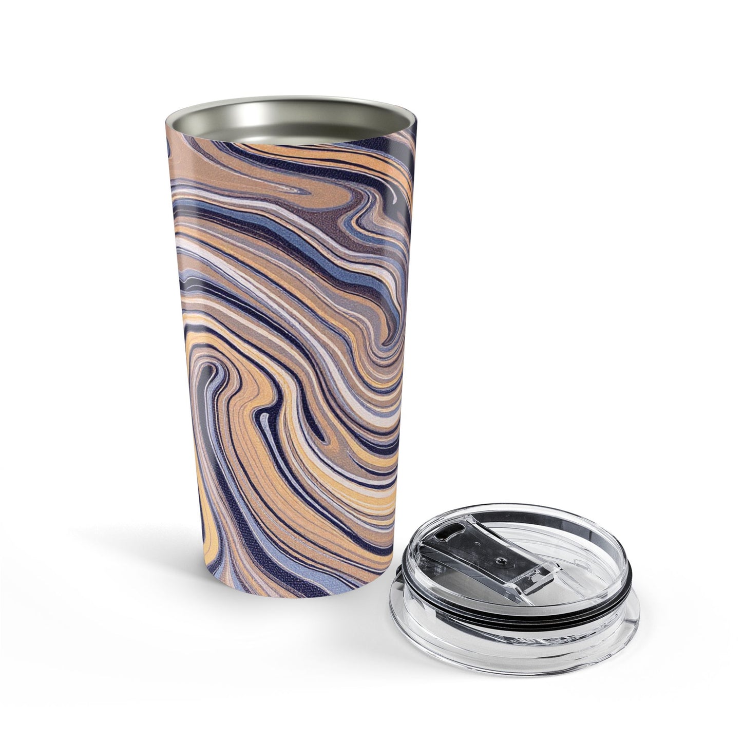 Front view of Cream and Blue Paint Swirl 20oz tumbler — abstract stainless steel travel mug by The Inner Horizon Collective