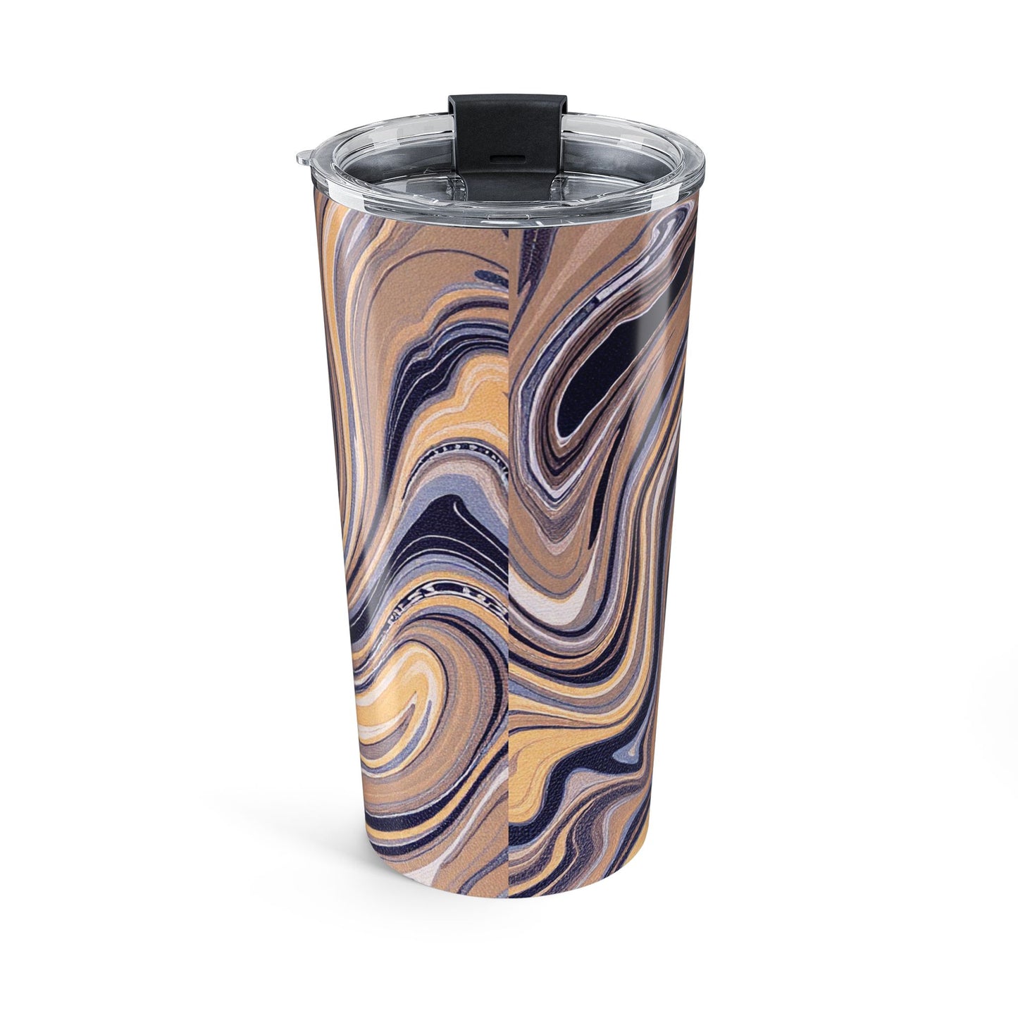 Alternate view of Cream and Blue Paint Swirl tumbler with lid — artistic insulated drinkware by The Inner Horizon Collective