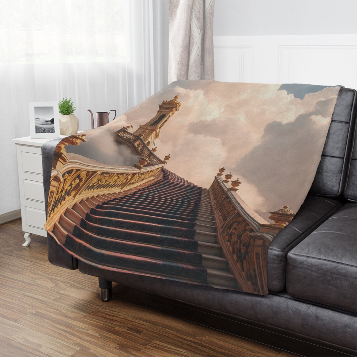 Dreamy Stairway Minky Blanket, 50x60 inches on couch — soft plush throw for living room décor by The Inner Horizon Collective