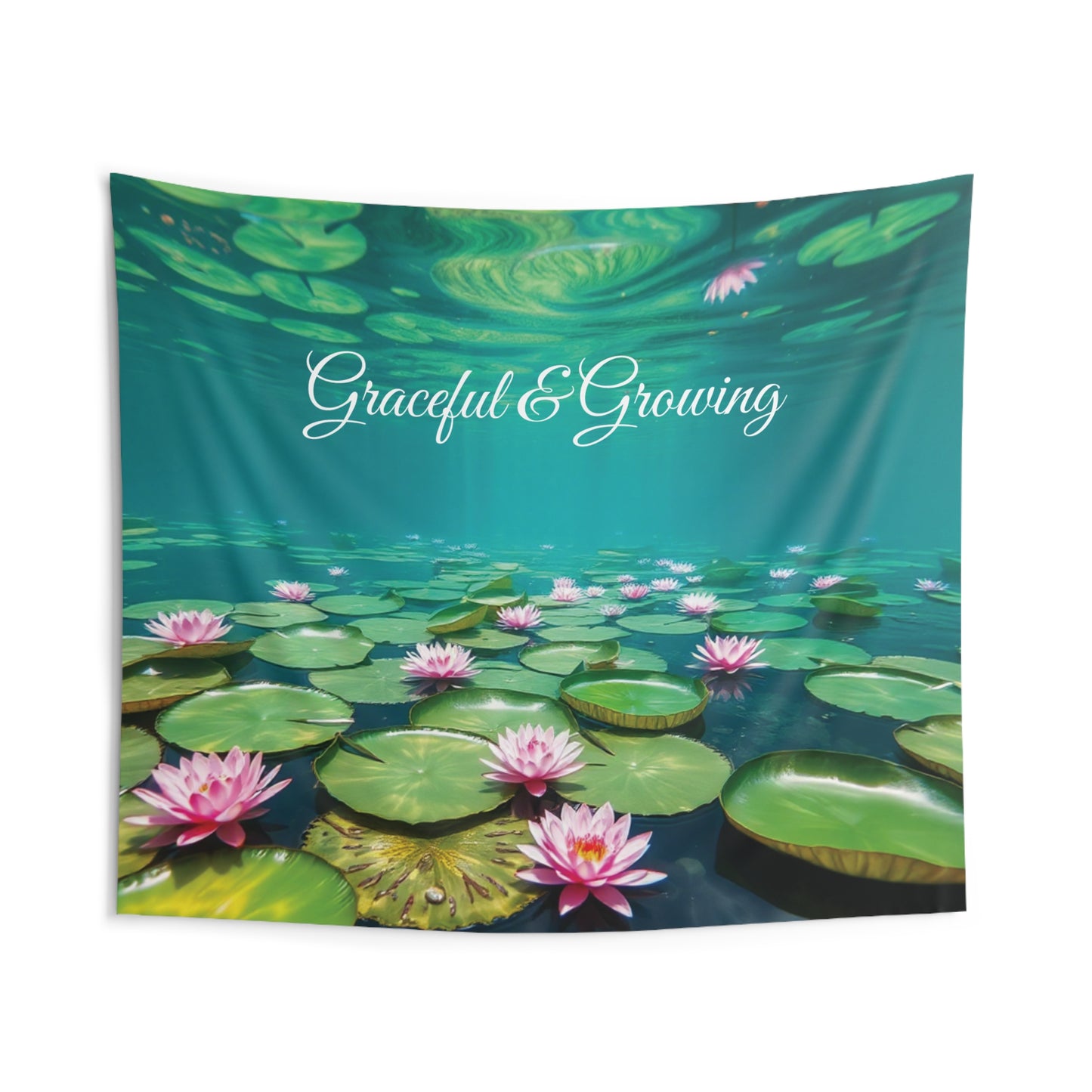 Front view of Graceful & Growing Water Lily Wall Tapestry — 104"x88" zen living room and yoga studio decor by The Inner Horizon Collective