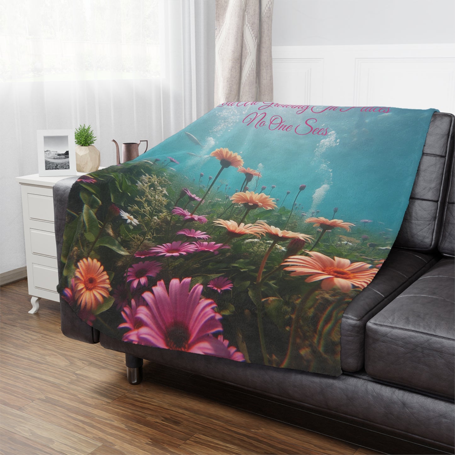 Growing In Places No One Sees Minky Blanket, 50x60 inches on couch — soft plush throw for living room décor by The Inner Horizon Collective