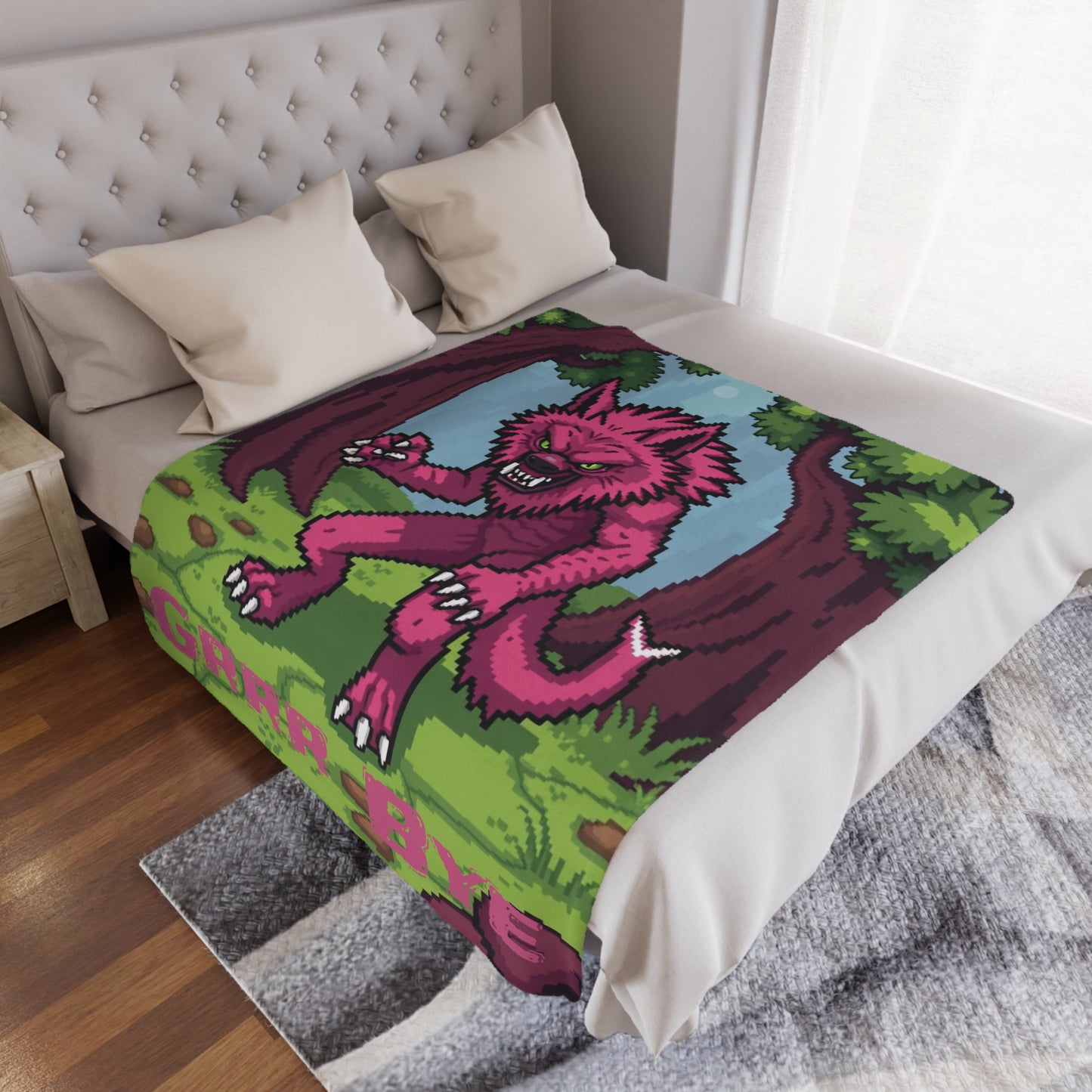 “Grrr Bye” Pink Werewolf Minky Blanket, 50x60 inches laid on bed — soft plush Halloween décor by The Inner Horizon Collective