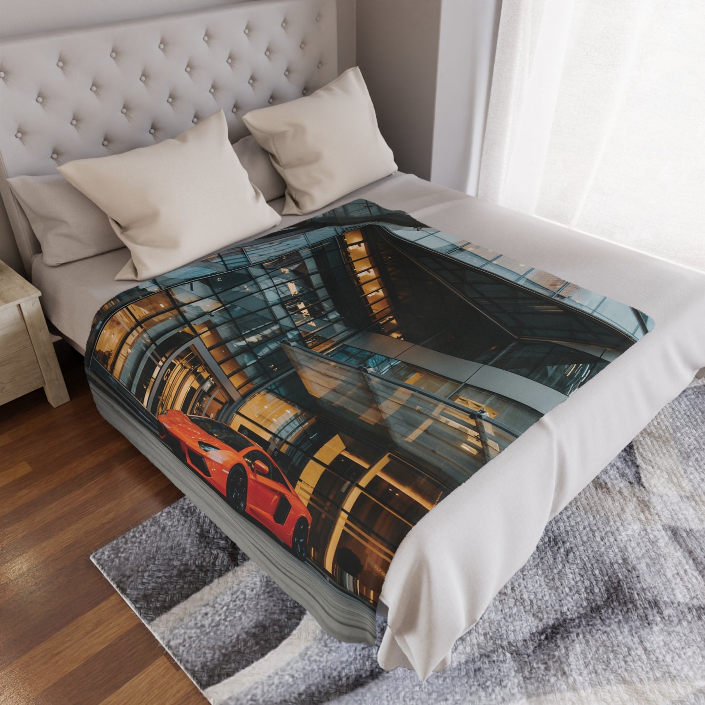 Luxury Sports Car Minky Blanket, 50x60 inches laid on bed — soft plush automotive décor by The Inner Horizon Collective