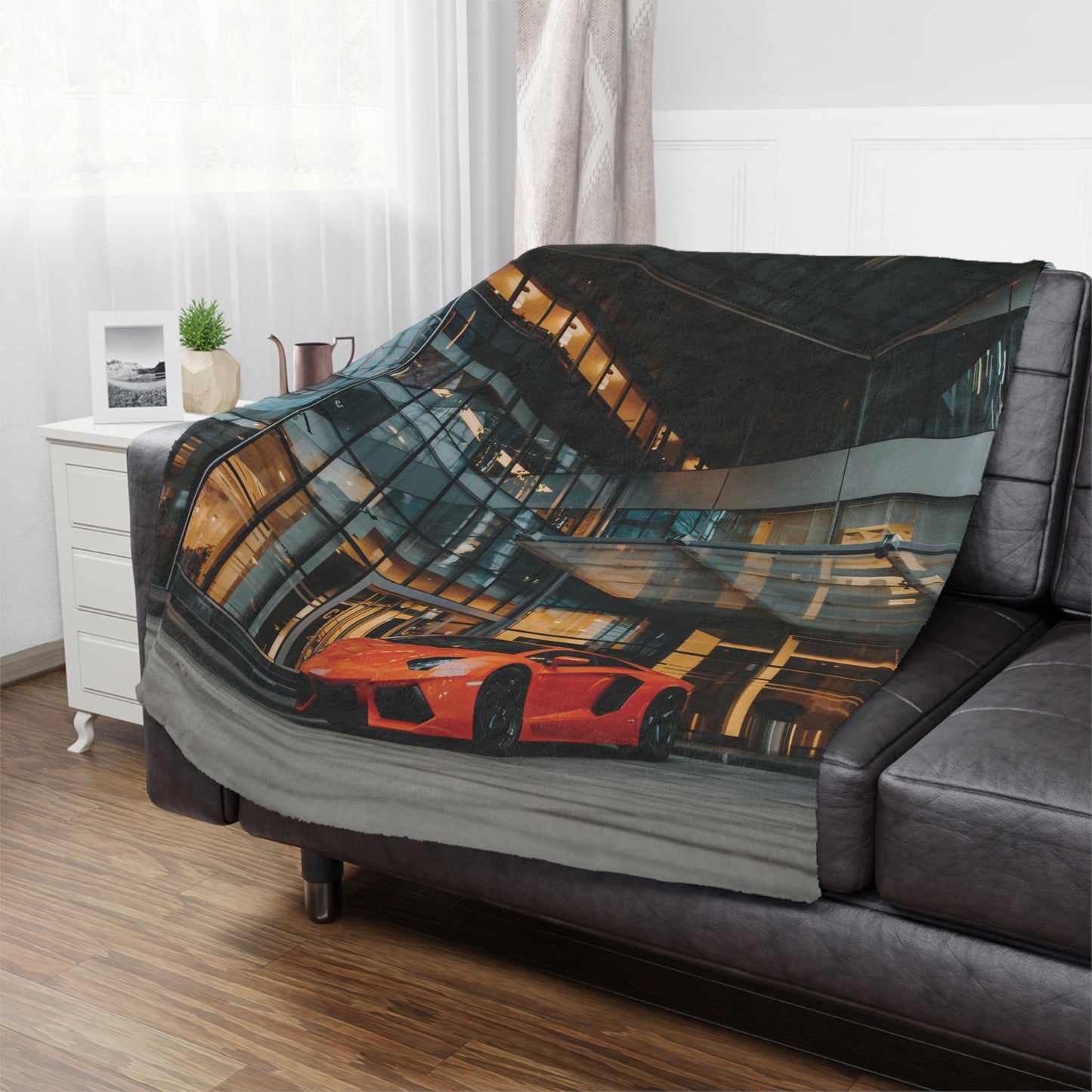 Luxury Sports Car Minky Blanket, 50x60 inches on couch — soft plush throw for living room décor by The Inner Horizon Collective