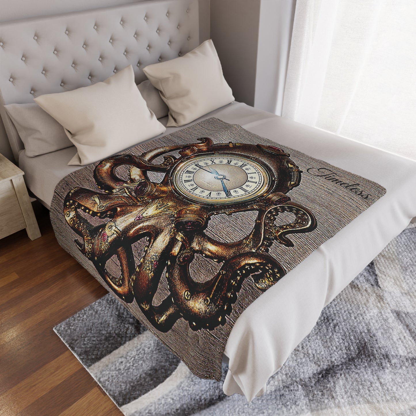 Octopus Clock Minky Blanket, 50x60 inches laid on bed — soft plush ocean décor by The Inner Horizon Collective