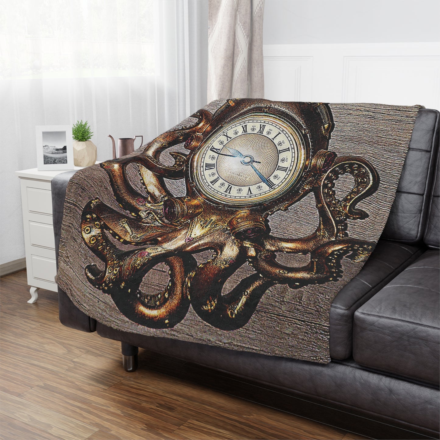 Octopus Clock Minky Blanket, 50x60 inches on couch — soft plush throw for living room décor by The Inner Horizon Collective