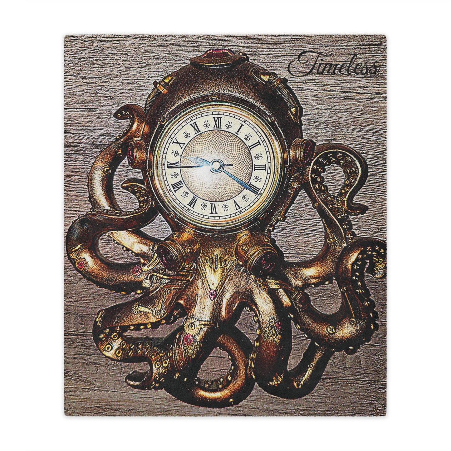 Front view of Octopus Clock Minky Blanket, 50x60 inches — soft plush nautical blanket, cozy ocean décor, throw by The Inner Horizon Collective