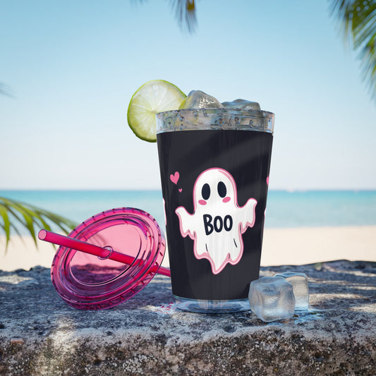 Pink Ghost “Boo” tumbler at the beach — reusable fall travel cup, spooky ghost design by The Inner Horizon Collective