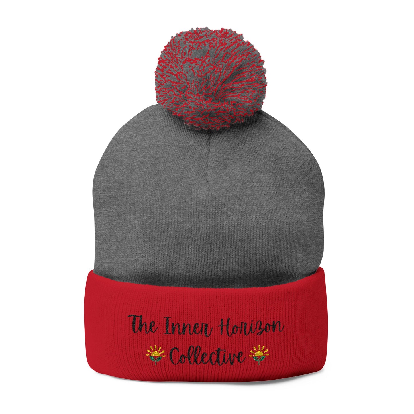 Front view of Pom-Pom Knit Cap in dark heather grey with red — winter beanie with pom-pom and logo detail