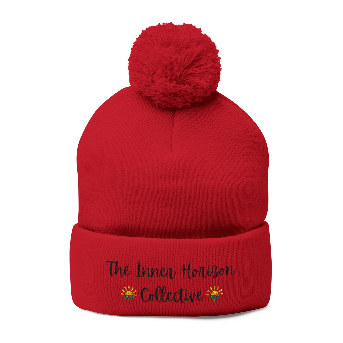 Front view of Pom-Pom Knit Cap in red — winter knit hat with pom-pom and embroidered logo