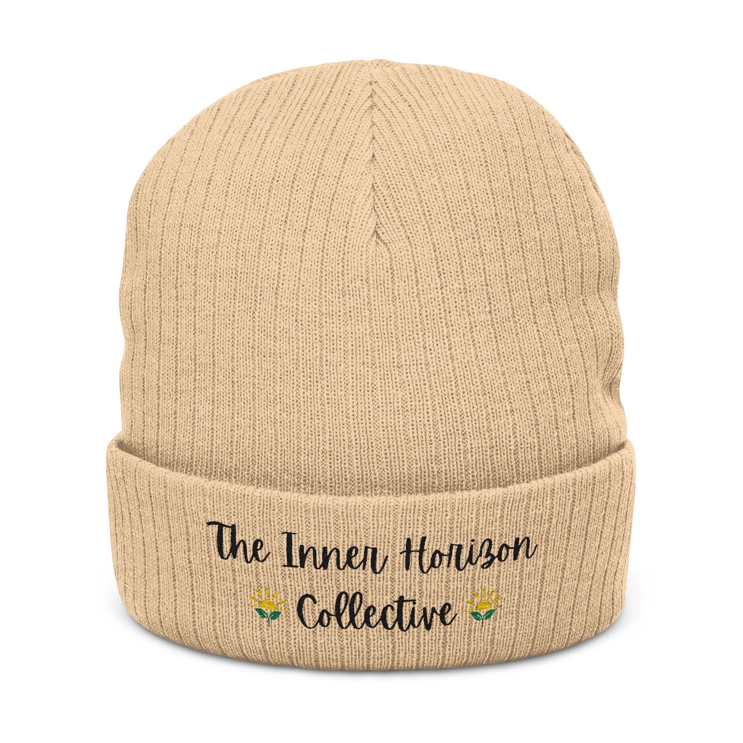 Front view of Ribbed Knit Beanie in beige — winter hat with black embroidered logo, ribbed texture by The Inner Horizon Collective