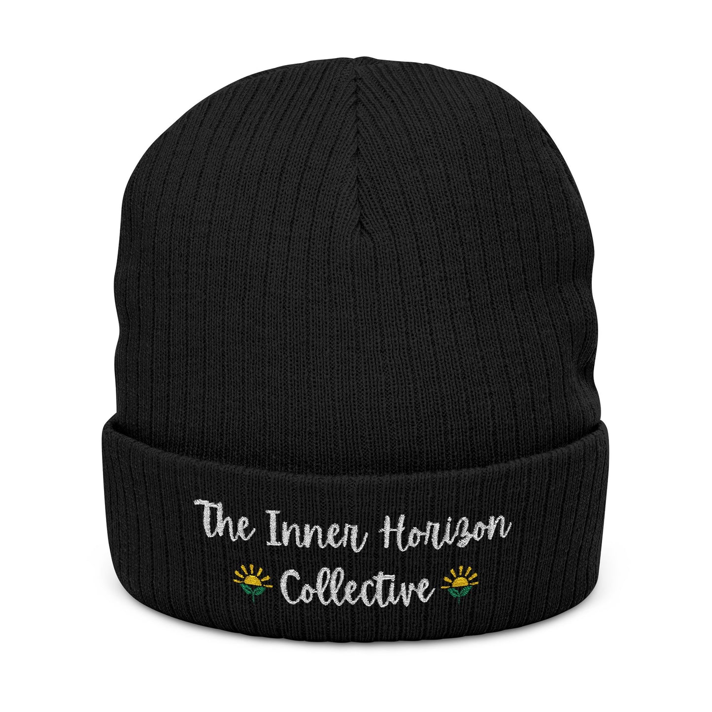 Front view of Ribbed Knit Beanie in black — embroidered winter hat with white logo, cozy knit texture by The Inner Horizon Collective