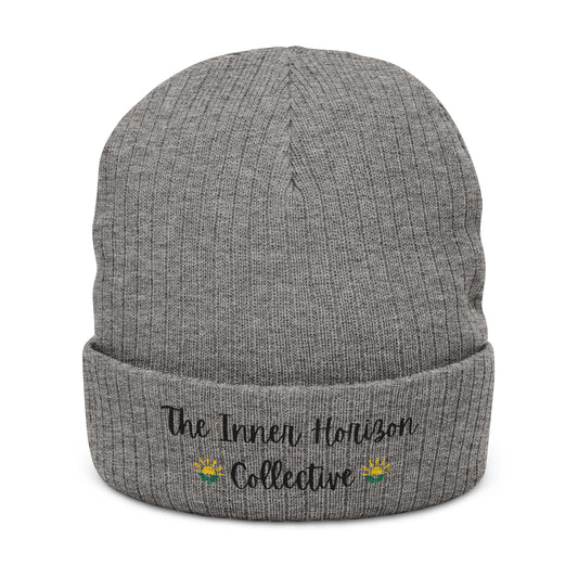 Front view of Ribbed Knit Beanie in light grey melange — black logo embroidered winter knit hat