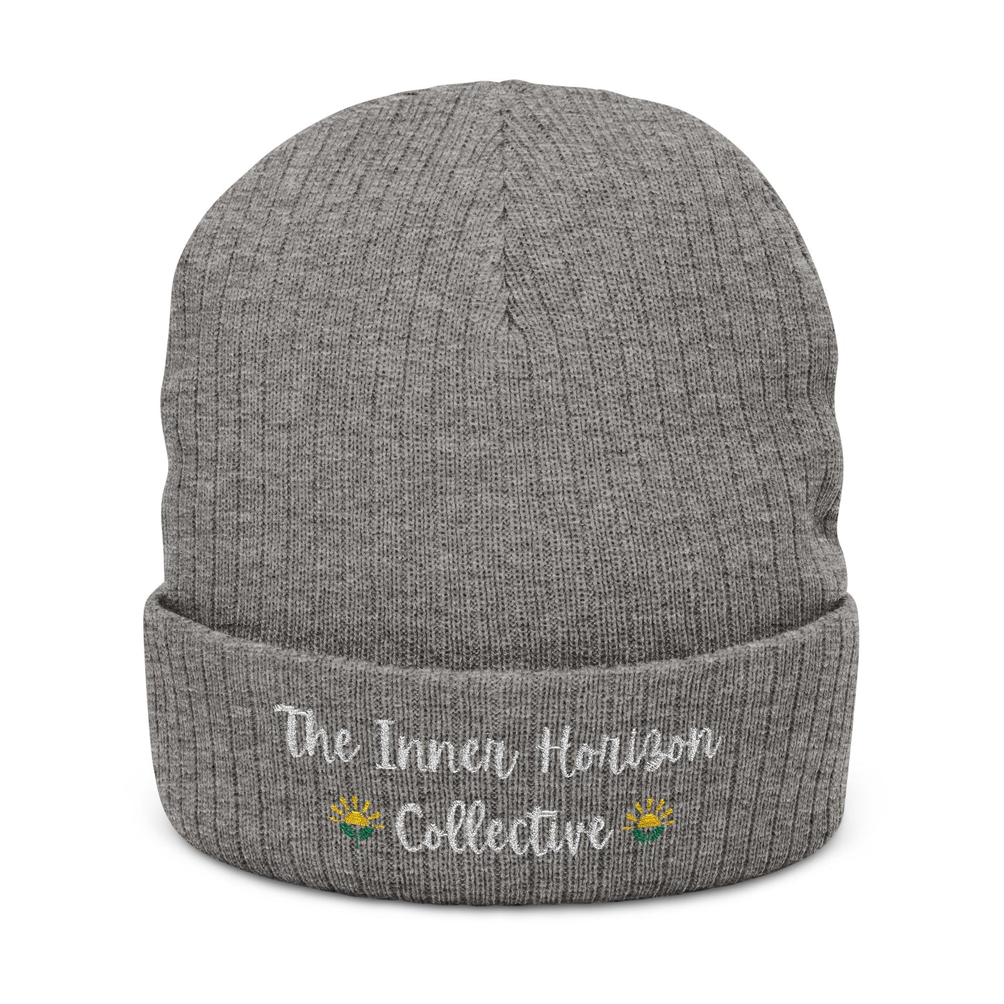 Front view of Ribbed Knit Beanie in light grey melange — winter beanie with white embroidered logo, soft ribbed knit