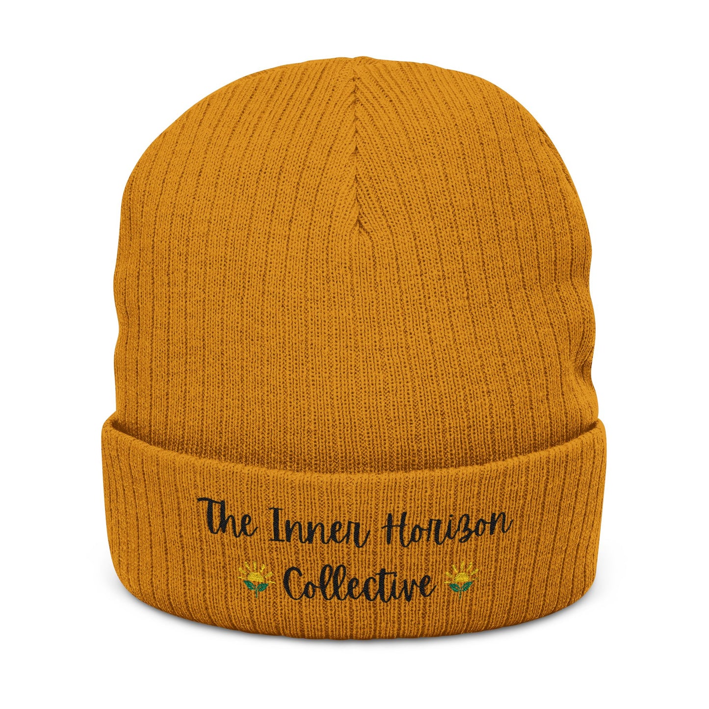Front view of Ribbed Knit Beanie in mustard — cozy winter beanie with black embroidered logo