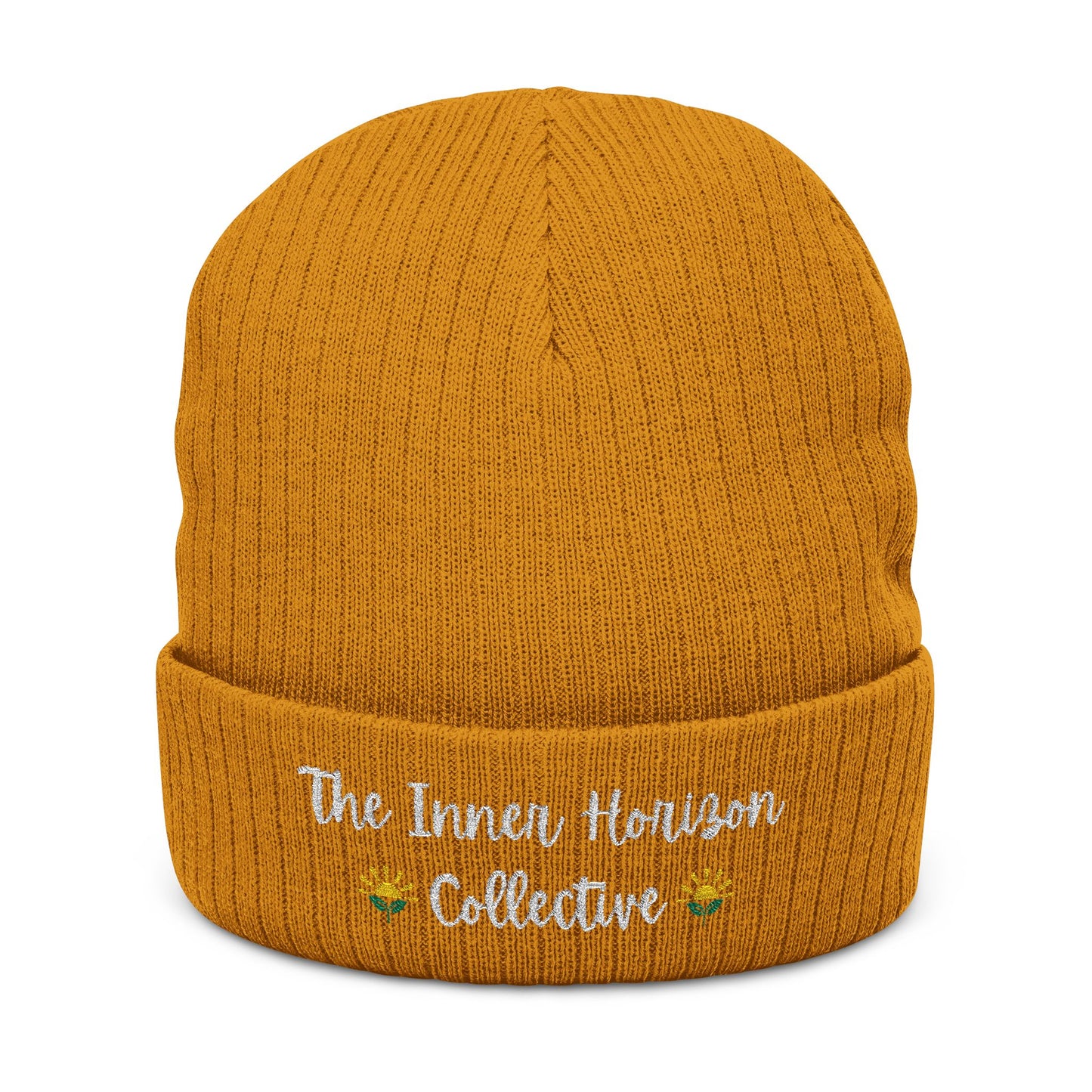 Front view of Ribbed Knit Beanie in mustard — cozy winter hat with white logo embroidery and ribbed texture