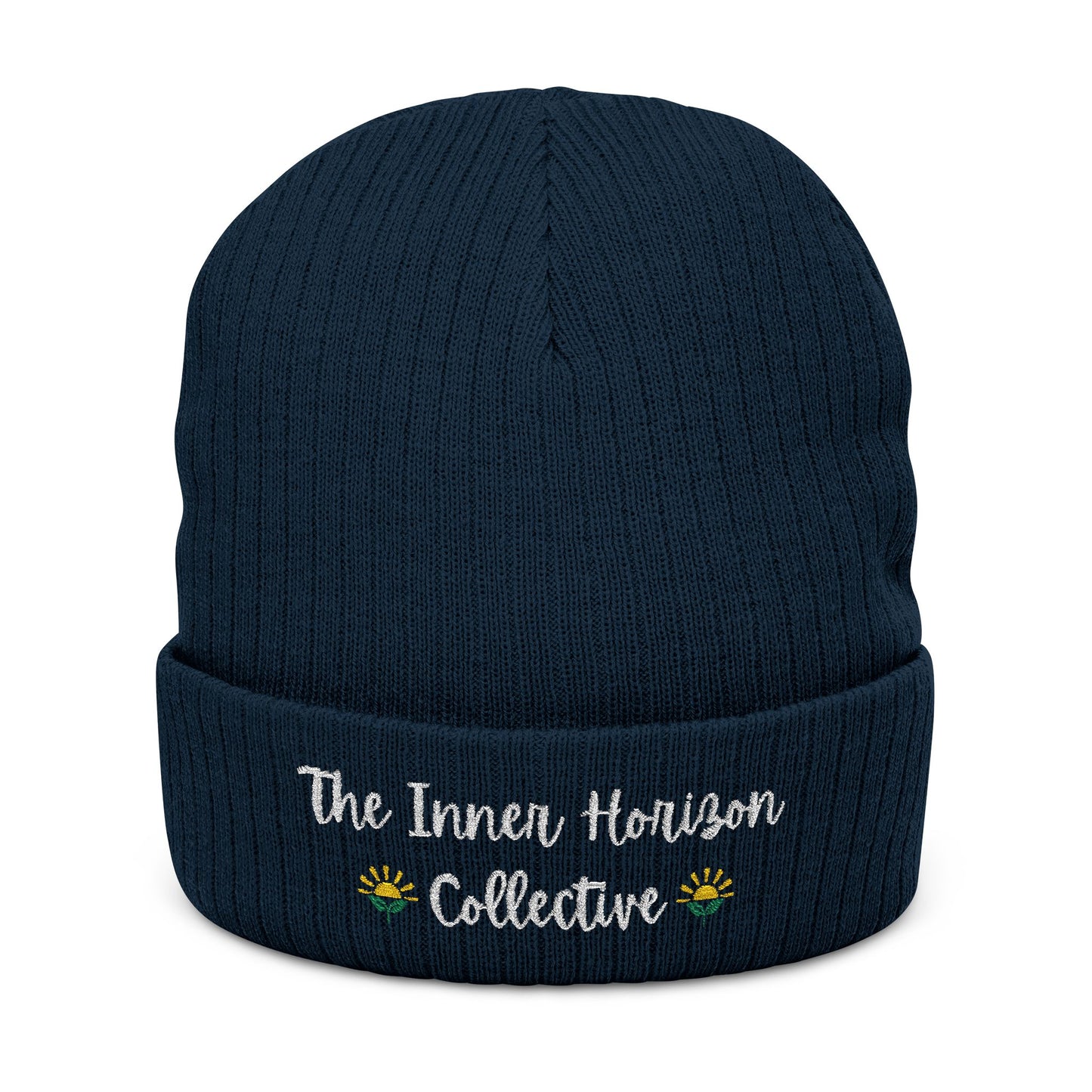 Front view of Ribbed Knit Beanie in navy — winter knit hat, embroidered white logo by The Inner Horizon Collective