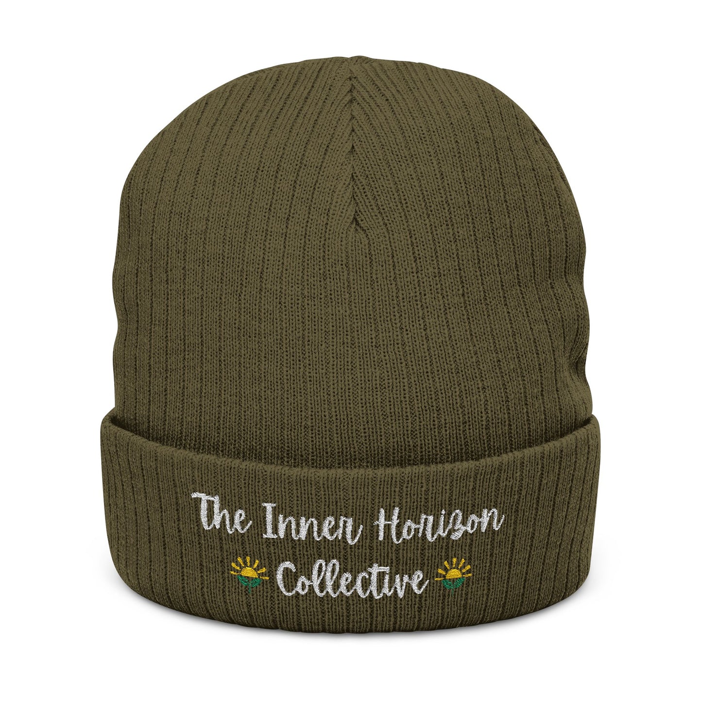 Front view of Ribbed Knit Beanie in olive — soft winter hat with white embroidered logo, ribbed knit texture