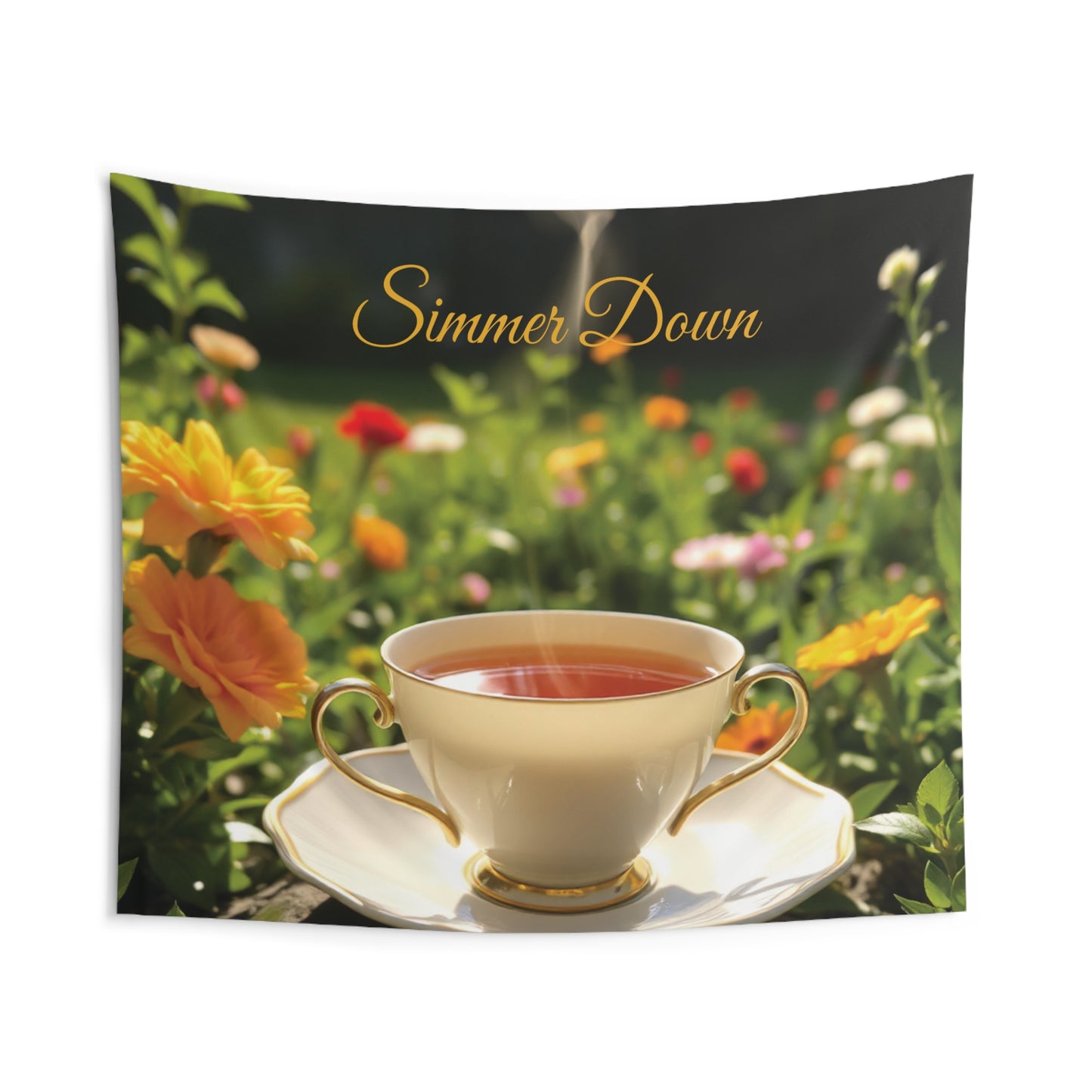 Front view of Simmer Down Tea Cup Wall Tapestry — 104"x88" cozy home decor by The Inner Horizon Collective