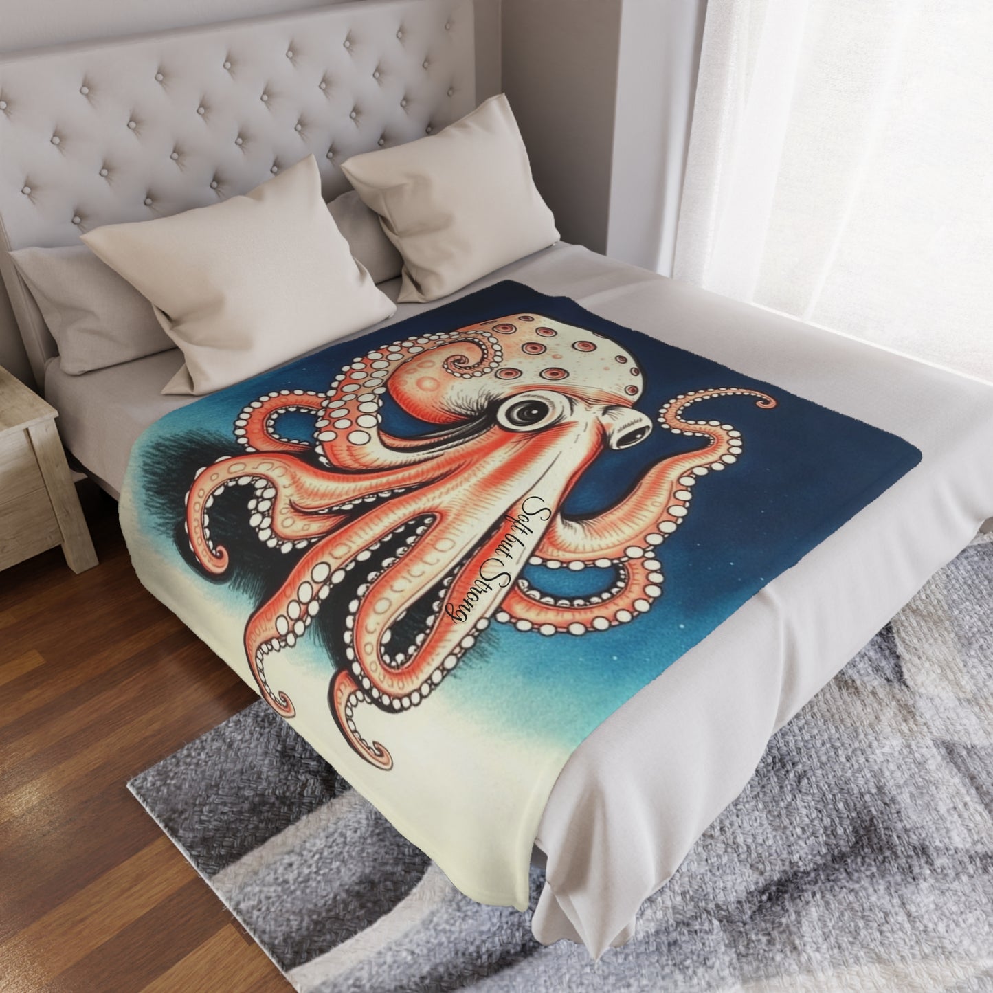 Soft But Strong Octopus Minky Blanket, 50x60 inches laid on bed — soft plush ocean décor by The Inner Horizon Collective
