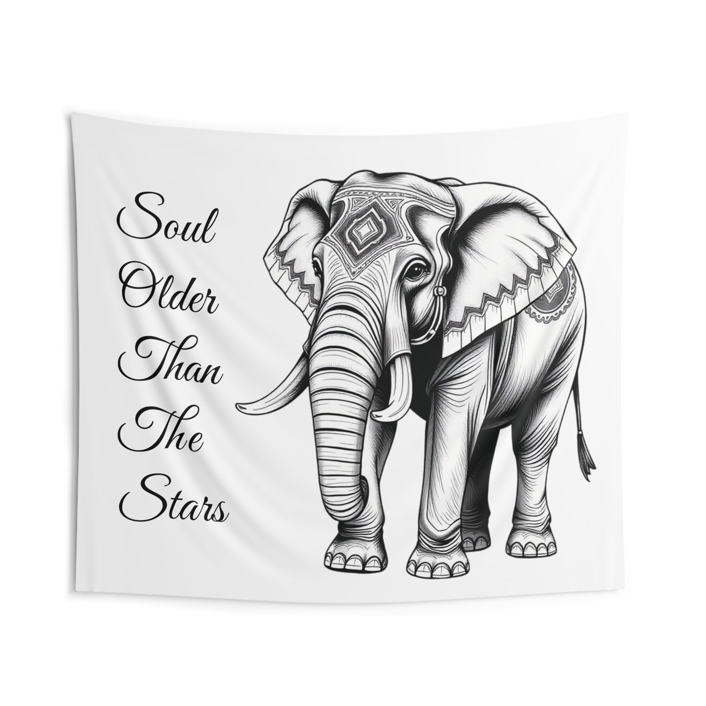 Front view of Soul Older Than The Stars Elephant Wall Tapestry — 104"x88" serene boho home decor by The Inner Horizon Collective