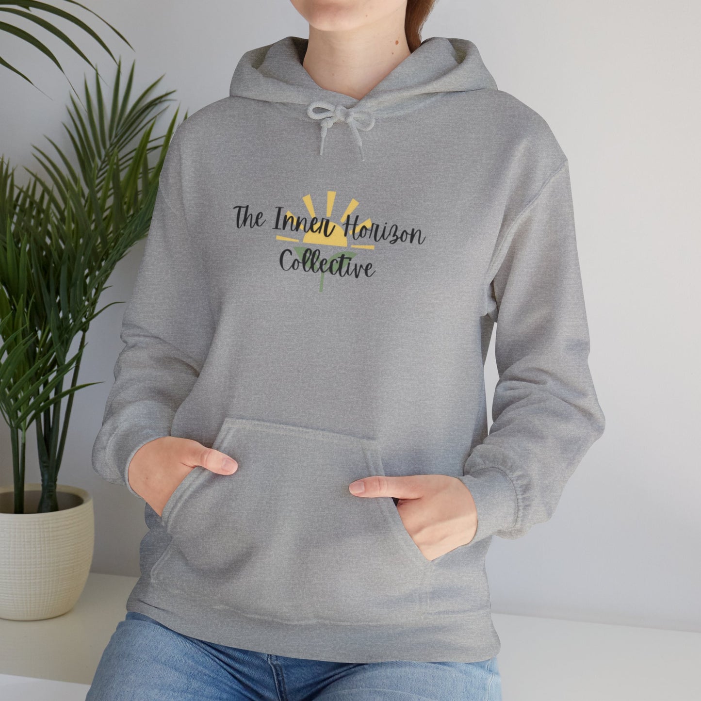 Front view of The Inner Horizon Collective hoodie in Sport Grey with black logo — versatile streetwear pullover.
