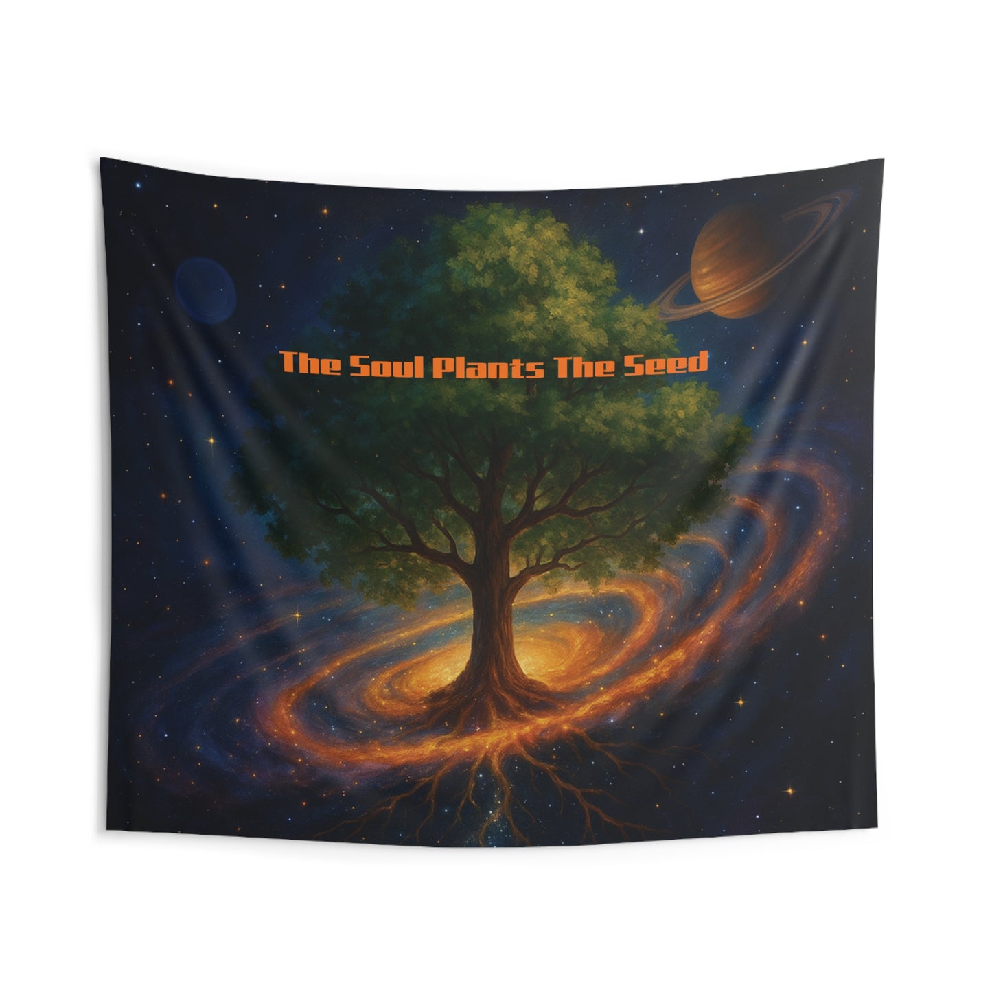 Front view of The Soul Plants The Seed Cosmic Tree Wall Tapestry — 104"x88" inspirational home decor by The Inner Horizon Collective