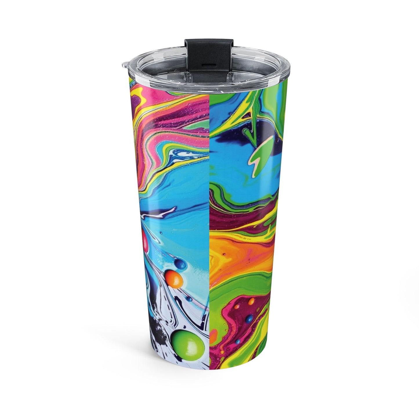 Alternate view of Vibrant Swirl tumbler with lid — artistic multicolor drinkware by The Inner Horizon Collective