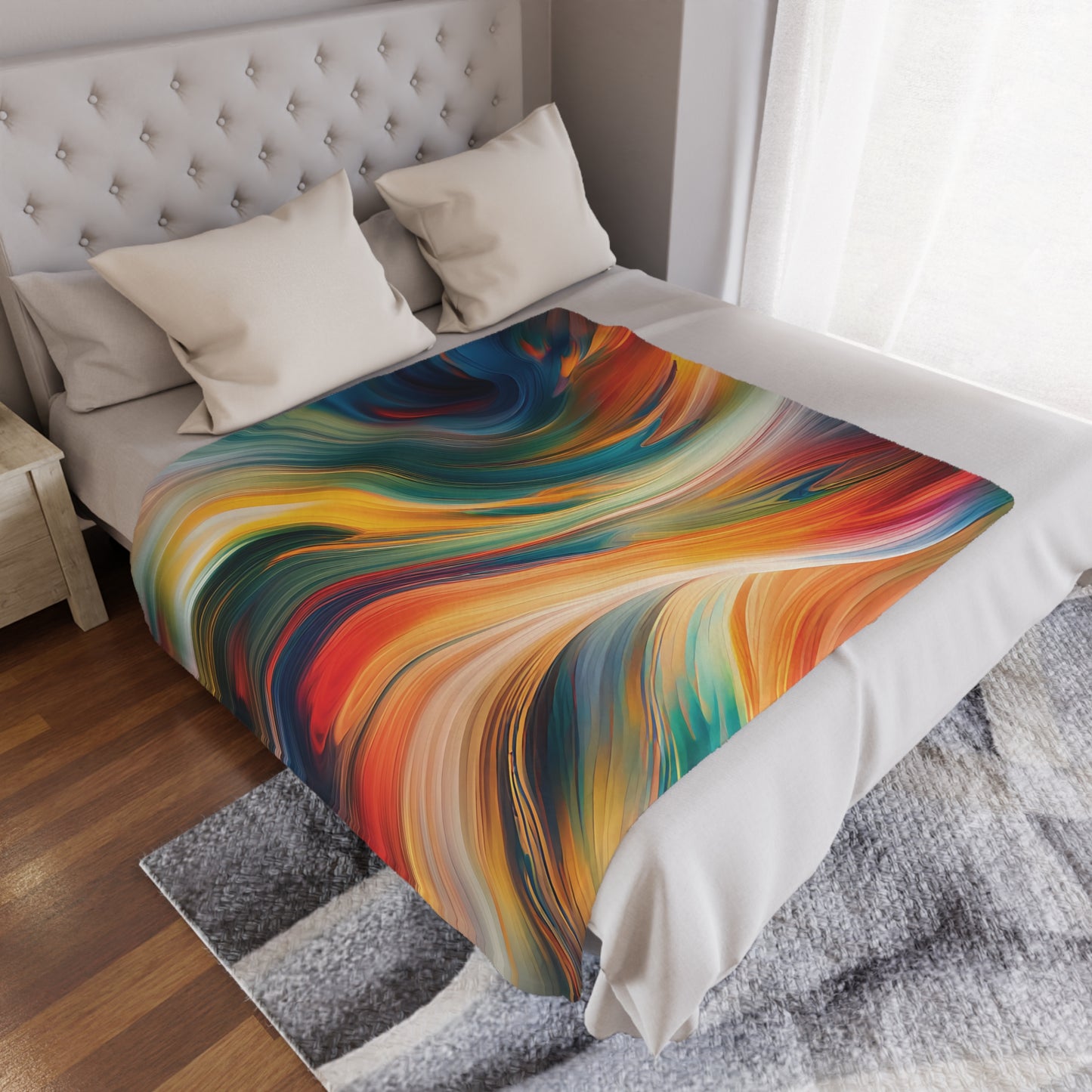 Vibrant Swirl Minky Blanket, 50x60 inches laid on bed — soft plush colorful décor by The Inner Horizon Collective