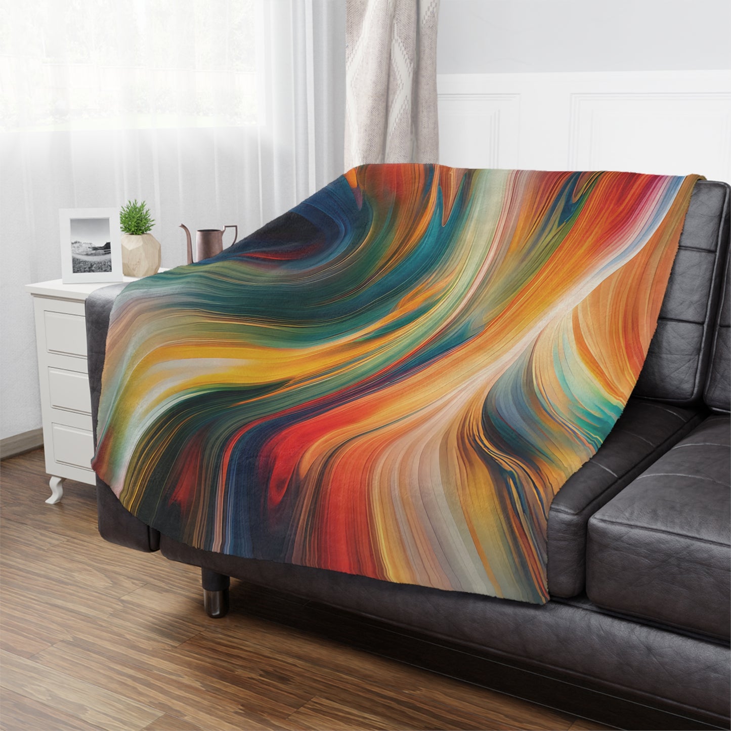 Vibrant Swirl Minky Blanket, 50x60 inches on couch — soft plush throw for living room décor by The Inner Horizon Collective