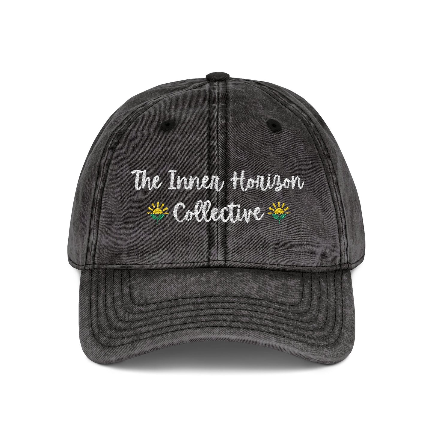 Front view of Vintage Cap in black — embroidered structured hat with classic curved brim by The Inner Horizon Collective