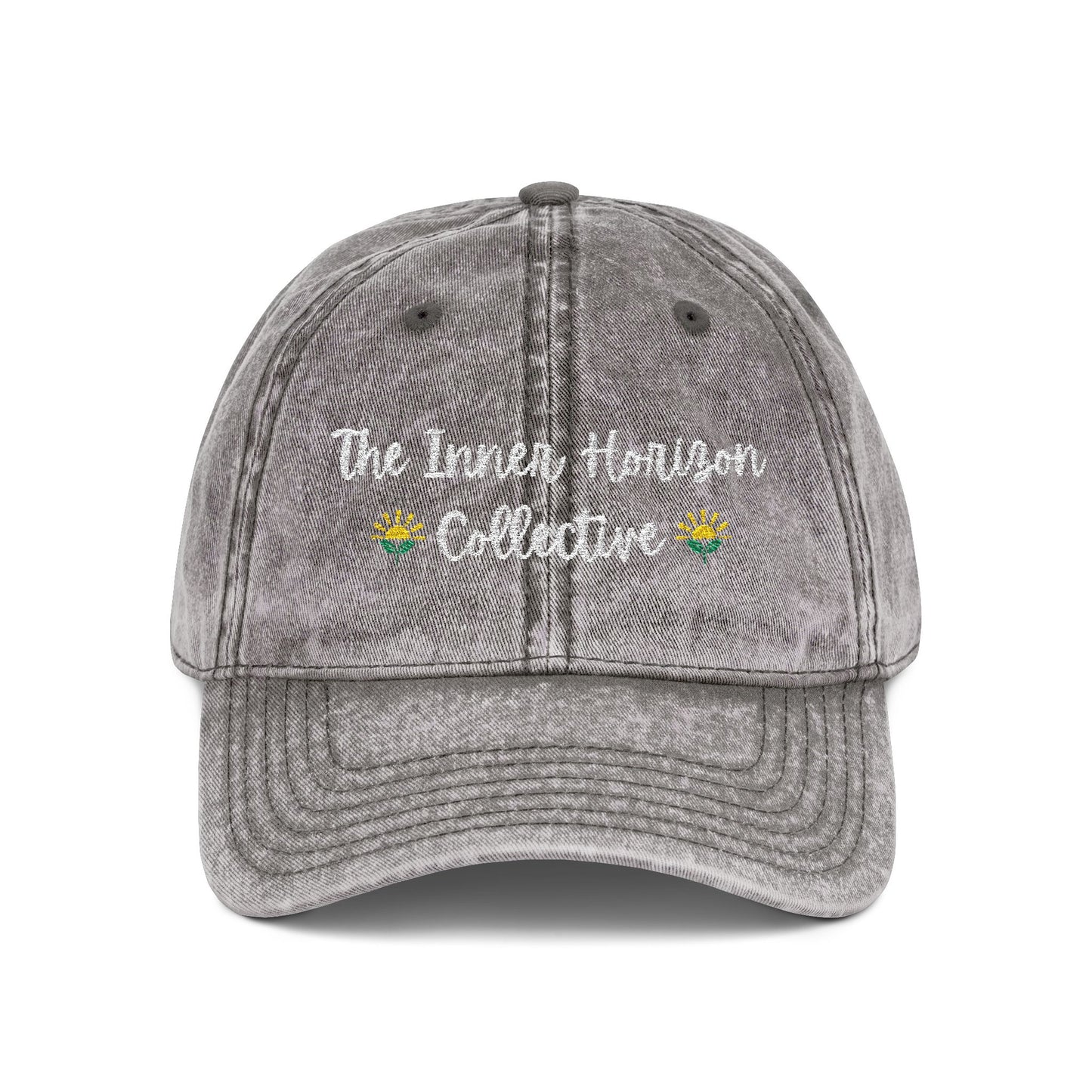 Front view of Vintage Cap in charcoal grey — embroidered structured hat featuring The Inner Horizon Collective logo and curved brim