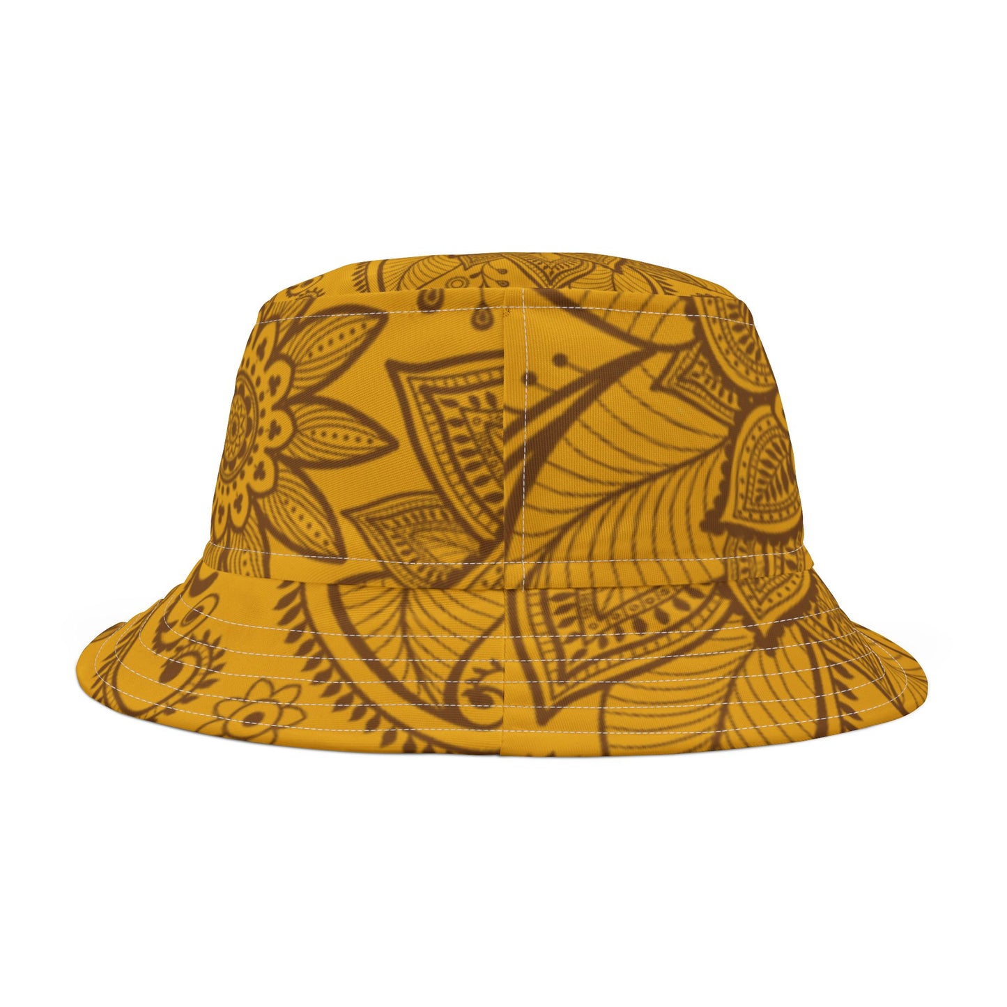 Back of Yellow Floral Bucket Hat — full floral pattern and curved brim visible for sun protection